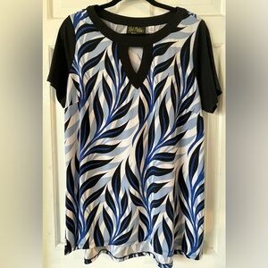 Womens BOB MACKIE Wearable Art Tunic Top Abstract Blue Black Print Leaves Sz MED
